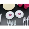 Image 3 : Plastic Toy Kitchenware Set with Plates - Saucers - Teapot - Silverware - One Cup Missing Handle