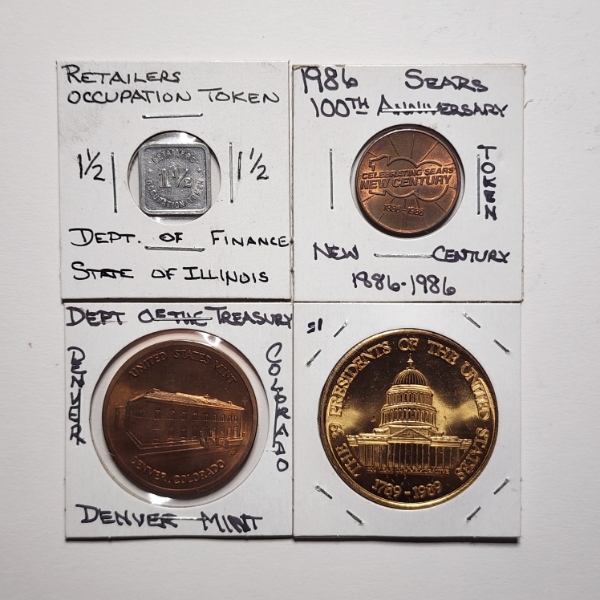 Four Assorted Collectible Coins Including Illinois Occupation Token, Sears Token, 39 President Coin+