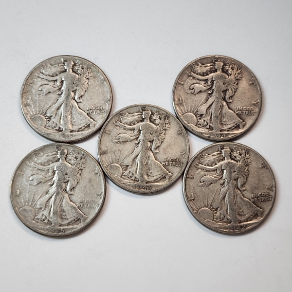 Five Assorted Years 90% Silver Walking Liberty Half Dollars - Face Value: $2.50