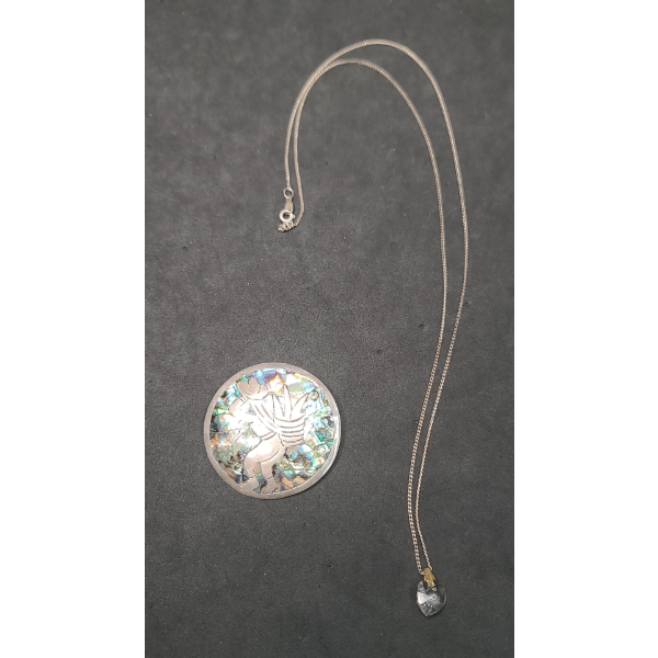 Vintage Mexican Sterling Silver Abalone Inlay Pin/Pendant & Sterling Silver Necklace Chain - 9.1g