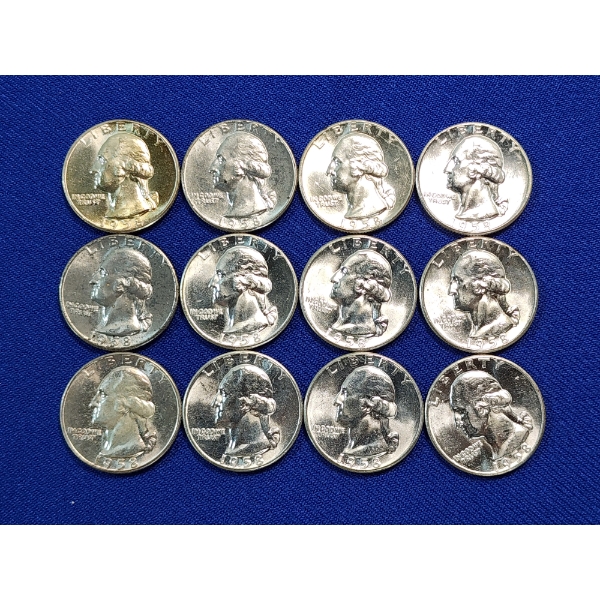 x12 1958 Brilliant Uncirculated Washington Quarters - 90% Silver - FV: $3.00 