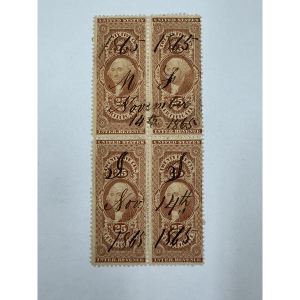 Rare Civil War 1865 First Issue Cent U.S. Washington Revenue Stamps - Block Of 4 - Excellent