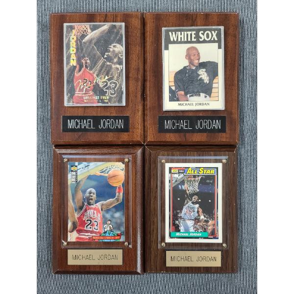 Four Assorted Michael Jordan Trading Cards Mounted To Hangable Wooden Displays