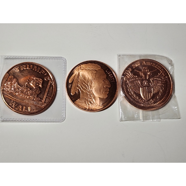 x3 - 1 AVDP Ounce Copper Rounds: Trump Wall, Indian Head/Buffalo, & 2nd Amendment - 3 oz Fine Copper
