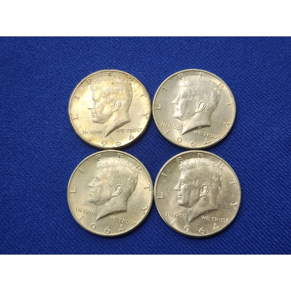 Lot of 4 90% Silver 1964 Kennedy Half Dollars - Face Value $2.00