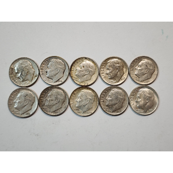x10 Assorted Years 90% Silver Roosevelt Dimes Face Value $1.00