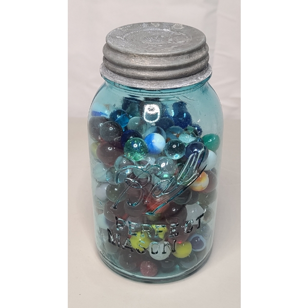 32 Oz Vintage Ball Mason Jar Full Of Marbles Including Some Uranium 