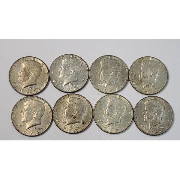 (8) Assorted Years 40% Silver Kennedy Half Dollars - 1967 & 1968 - Face Value: $4