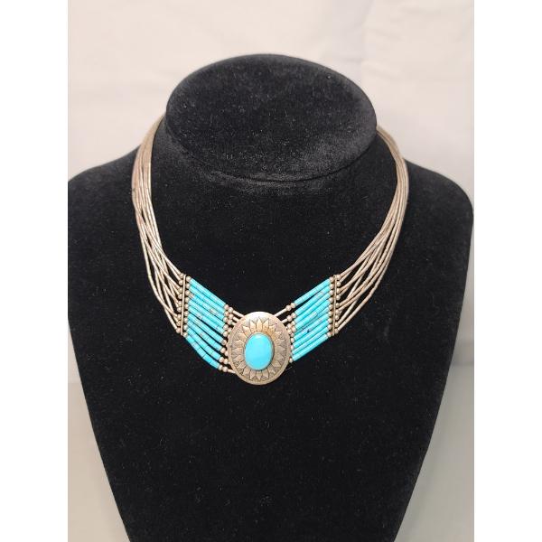 Vintage Southwestern Style Sterling Silver 12" Multi-Strand Turquoise Beaded Necklace - Weight 18.8g