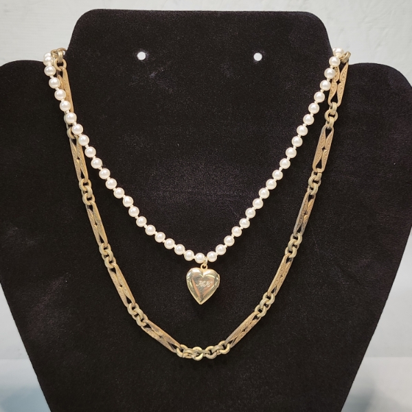 Two Fashion Necklaces: Gold-Tone Link & Pearl with Heart Locket