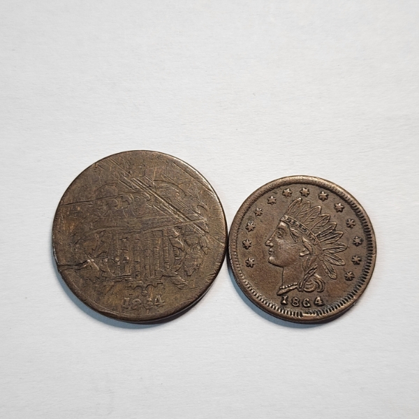 U.S. 1964 Two Cent Piece & 1864 Indian Head Token "Yankee Robinson's Big Show" 