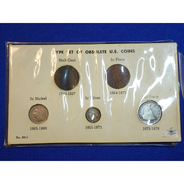 "Type Set of Obsolete U.S. Coins" 5-Coin Set of Old U.S. Coins Including Silver - See Description! 