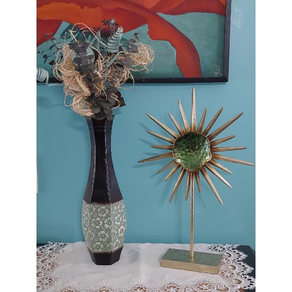 2 Pc 16" Vase With Florals & Metal Decor Art ( 19" Blazing Star On Stand)