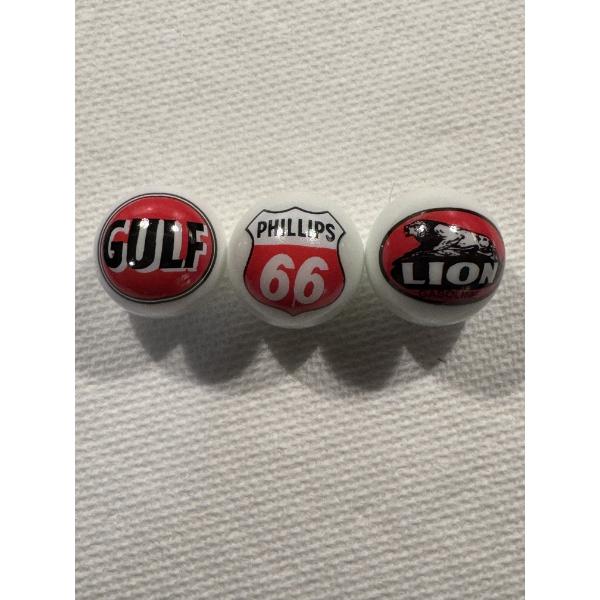 3- Vintage Gasoline & Oil One Inch Glass Shooter Marbles - Gulf, Phillips 66 & Lion Gasoline
