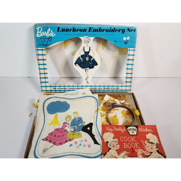 Vintage 1960's Barbie Luncheon Embroidery Set & Heinz 57 Cook Book