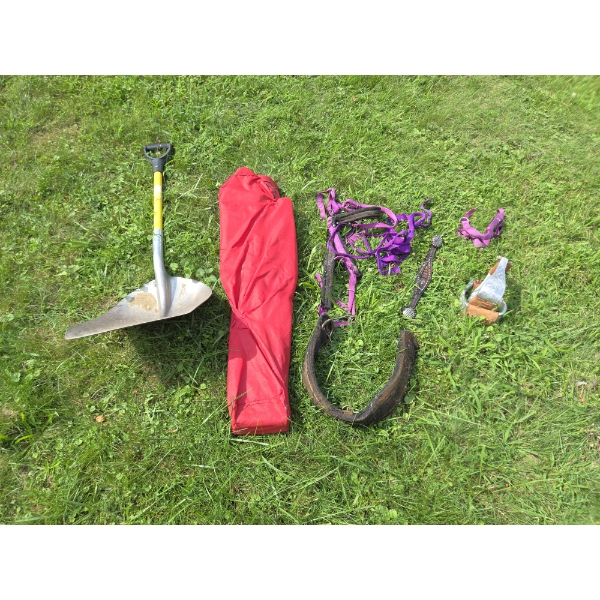 *Pick Up At Louisville Home - No Shipping Available* Red Folding Camp Chair, Shovel & Horse Items 