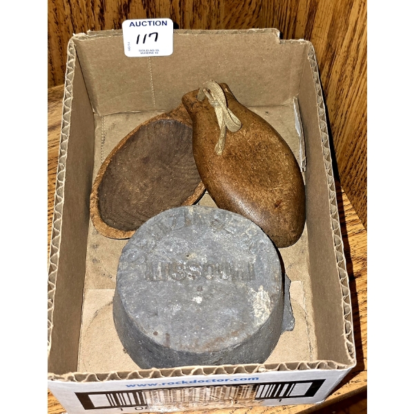 Vintage Castanets and Lead Ingot Stamped "Missouri"
