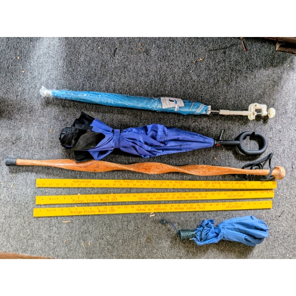 Vintage Wooden Walking Stick, 2 Clip On Large Umbrellas, Small Umbrella, & 3 Yard Sticks