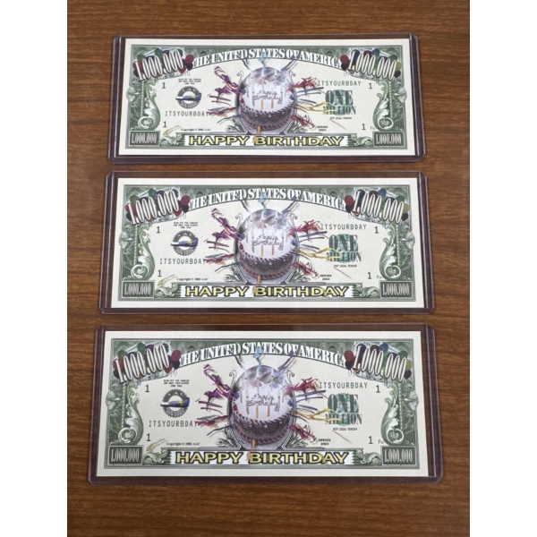 3 - One Million Dollar Happy Birthday Bucks In Protective Holders - Mint Condition