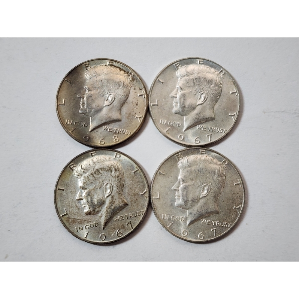 Four Assorted Years 40% Silver Kennedy Half Dollars FV: $2.00