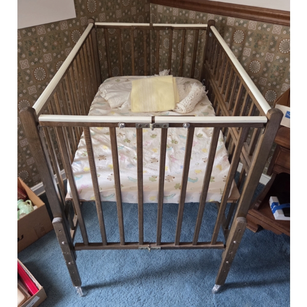 PICKUP IN CANTON - Vintage Solid Wood Crib, Mattress, Linens. 27'' Wide 40'' Long & 37'' Tall 
