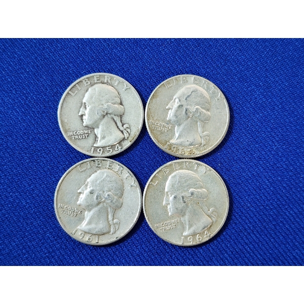 x4 Assorted Years U.S. 90% Silver Washington Quarters FV: $1.00