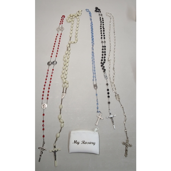 Lot Of Assorted Catholic Rosaries & Small Rosary Storage Bag