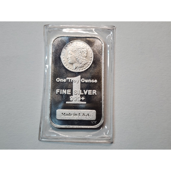 One Troy Ounce .999 Fine Silver Bar Featuring Morgan Dollar Design
