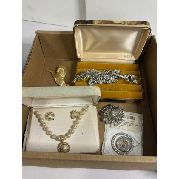 Lot of Costume Jewelry - Pins - Necklace and Earrings in Box - Broches - Pearls - Horse