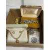 Image 1 : Lot of Costume Jewelry - Pins - Necklace and Earrings in Box - Broches - Pearls - Horse