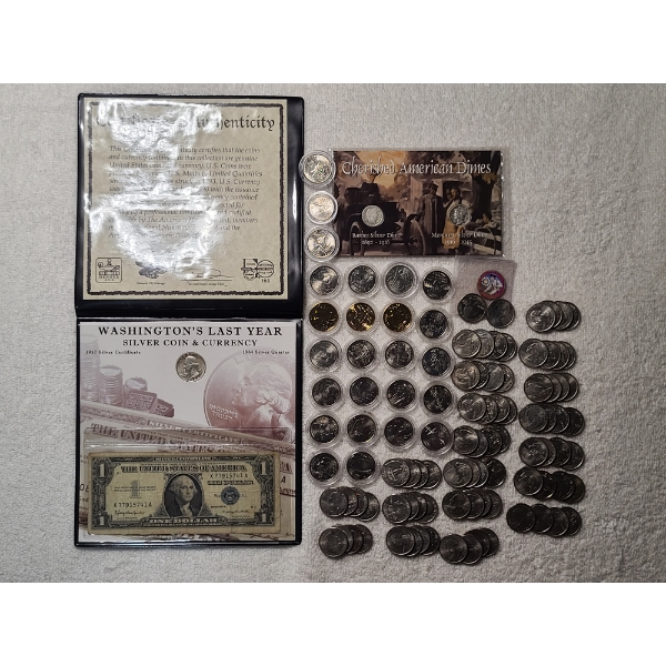 $25 in Asstd. US Quarters, Washington's Last Year Silver Coin & Currency w/ Cherished Dime Displays