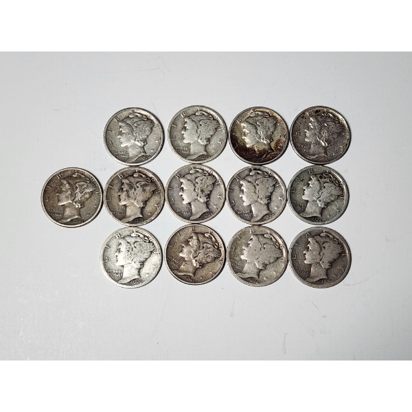 Lot of 13 Assorted Years 90% Silver Mercury Dimes Face Value: $1.30