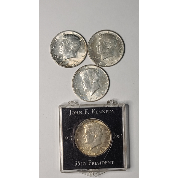 (4) United States 1964 90% Silver Kennedy Half Dollars - Face Value: $2.00