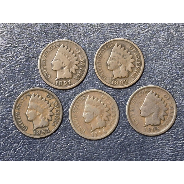 5 Pc Indian Head Cent Group - 1891 Thru 1895 - See Pictures For Condition