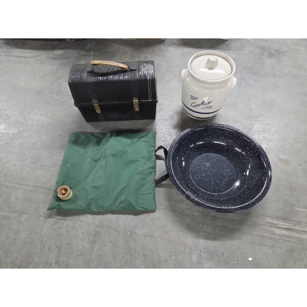 Vintage Stoneware Cookie Jar, Enamelware Bowl, Lunch Pail & More -No Shipping