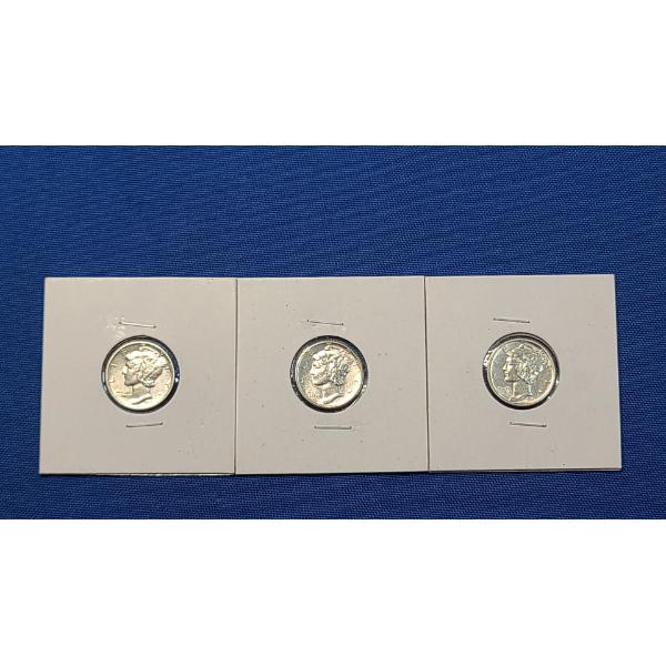 1941-D, 1943, 1944 90% Silver Mercury Dimes - Face Value: $0.30