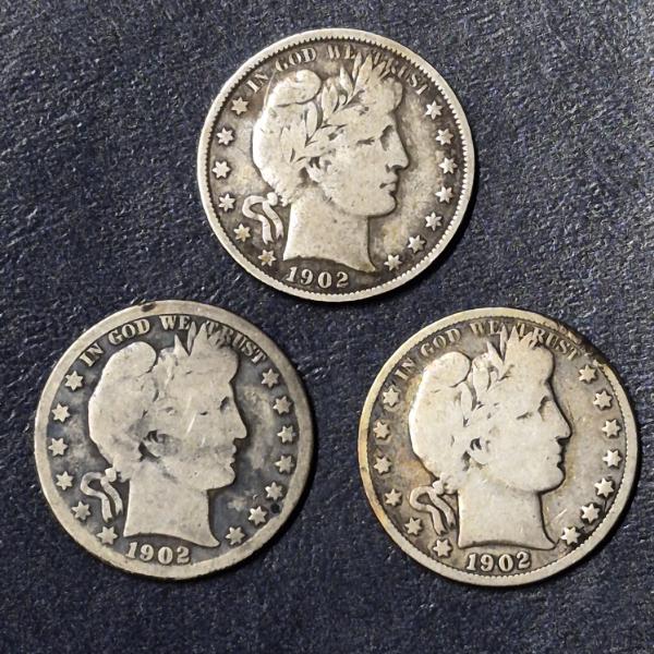3 Coin Lot - 1902  P / O / S  - Barber (Liberty Head) Half Dollars  See Pics