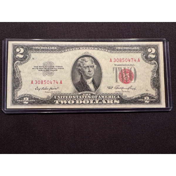 1953 United States $2.00 Thomas Jefferson Red Seal Bill - High Grade Note - Funny Back