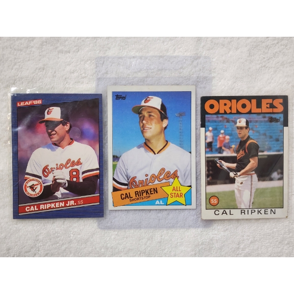 Three Assorted Cal Ripken Baseball Trading Cards Dated 1985-1986 ~ Topps & Leaf-Donruss!