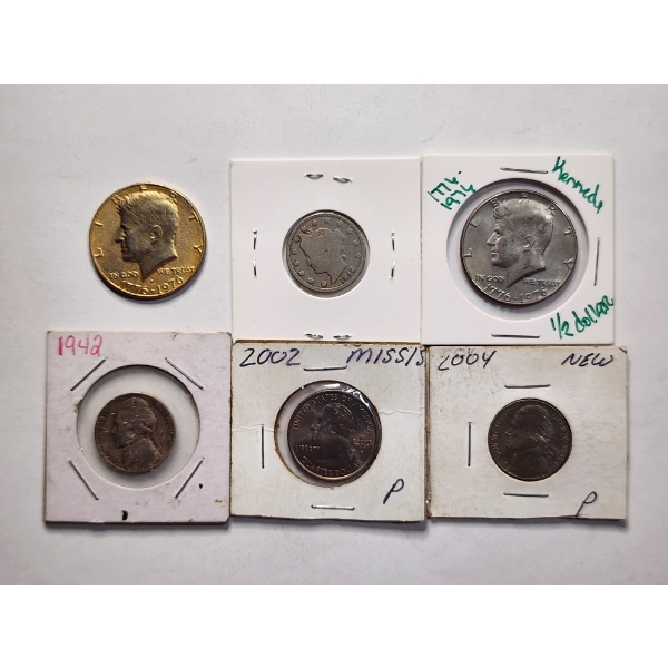 Six Assorted United States Coins Featuring Kennedy Half Dollars, Jefferson & Liberty "V" Nickel!