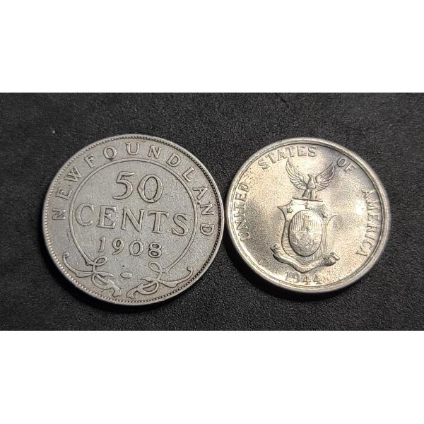 1944-S 75% Silver Philippines 50 Centavos & 1908 0.925 Silver Canada NEWFOUNDLAND 50 Cents