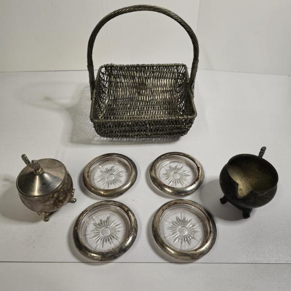 Vintage Silver Plated Wire Woven Basket, Sugar Bowl Creamer, and Coasters Lot - 4.6lbs
