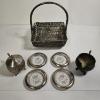 Image 1 : Vintage Silver Plated Wire Woven Basket, Sugar Bowl Creamer, and Coasters Lot - 4.6lbs
