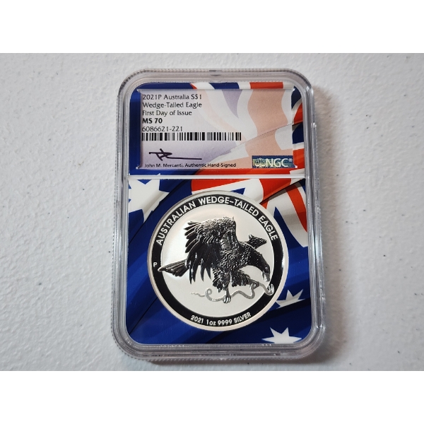 NGC 2021 P Australia .9999 Silver Wedge-Tailed Eagle FDOI MS 70 Signed by Mercanti