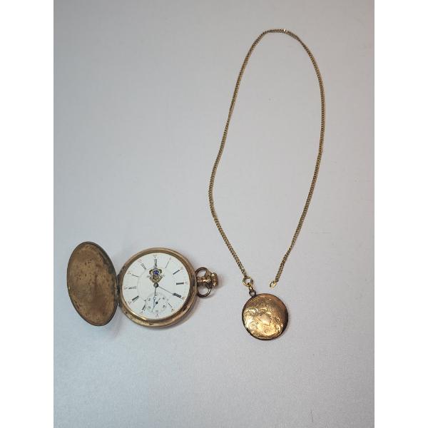 Gold-Filled Illandich Co. Pocket Watch & Locket on Chain - Total Weight: 113.2g