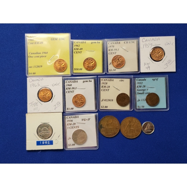 Assorted Canadian Coins Including UNC, GEM BU, VG One Cents, 5 Cents, 10 Cents Pieces
