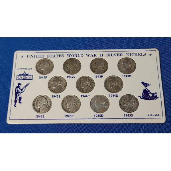 United States Wartime Silver Nickels 1942-P-1945-S In Monticello Pollard Display - Face Value: $0.55