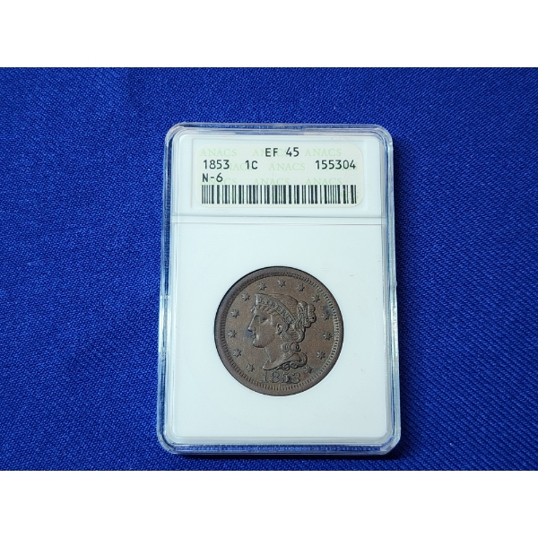 1853 United States Large Cent ANACS EF 45 N-6 