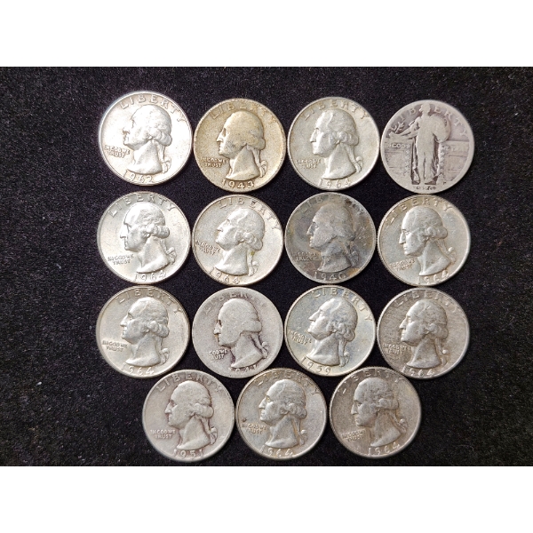 $3.75 Face Value in Assorted 90% Silver Quarters Including Washington & Standing Liberty Quarters