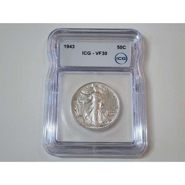 ICG GRADED VF30 1943 Walking Liberty 90% Silver Half Dollar 